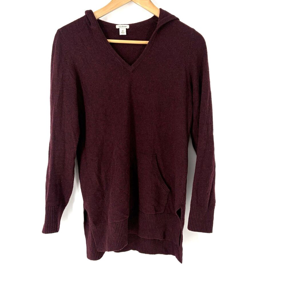 LL Bean Sweater XS Womens Maroon Cashmere Hoodie Pullover V Neck Knit Pocket